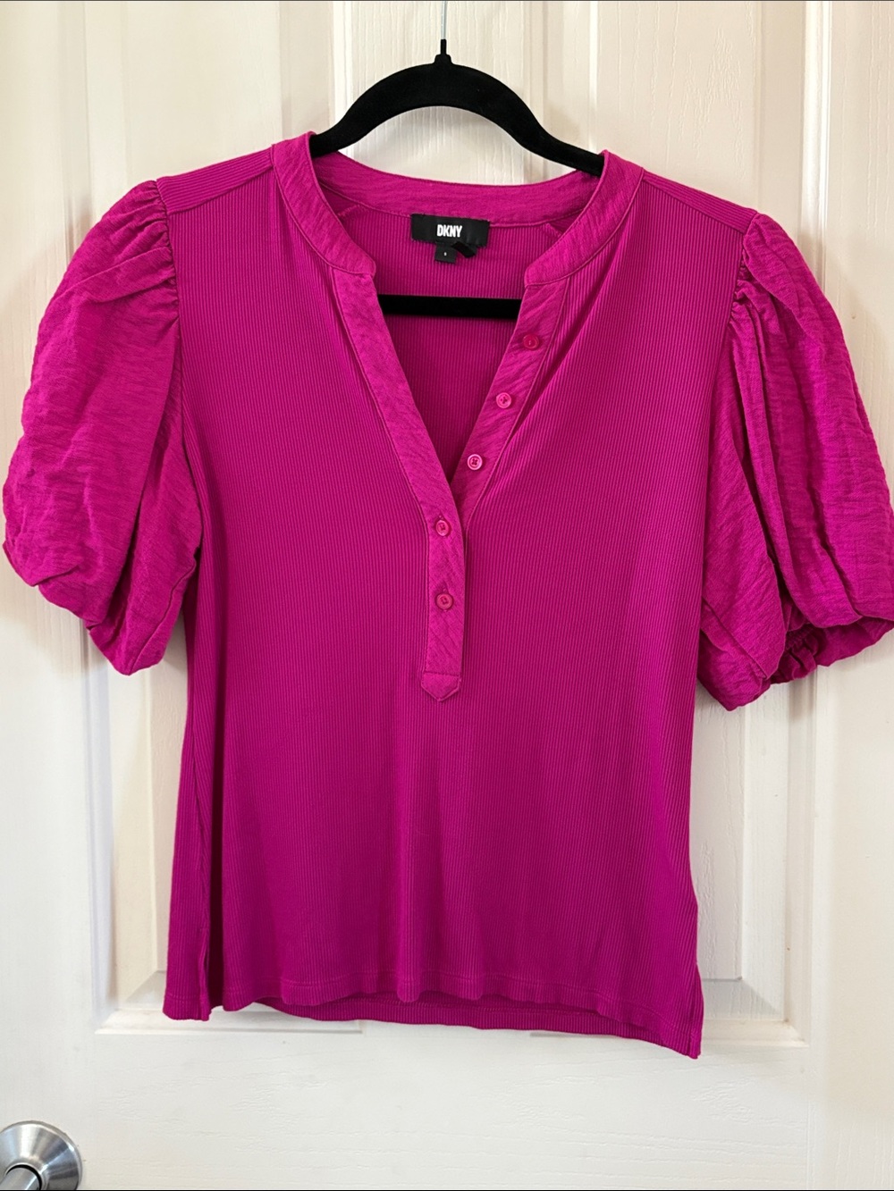 DKNY Fuchsia Puff Sleeve Henley Top